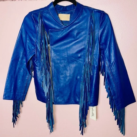 Free People Cleobella Cowgirl Sheep Leather Jacket Navy Rare - Picture 3 of 13